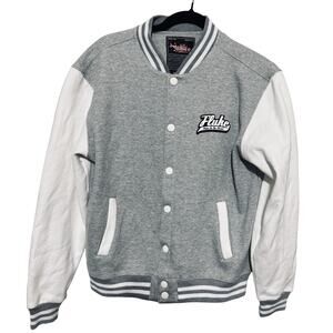 Fluke Men's Letterman Jacket Sz L Gray & White Varsity Baseball snap front